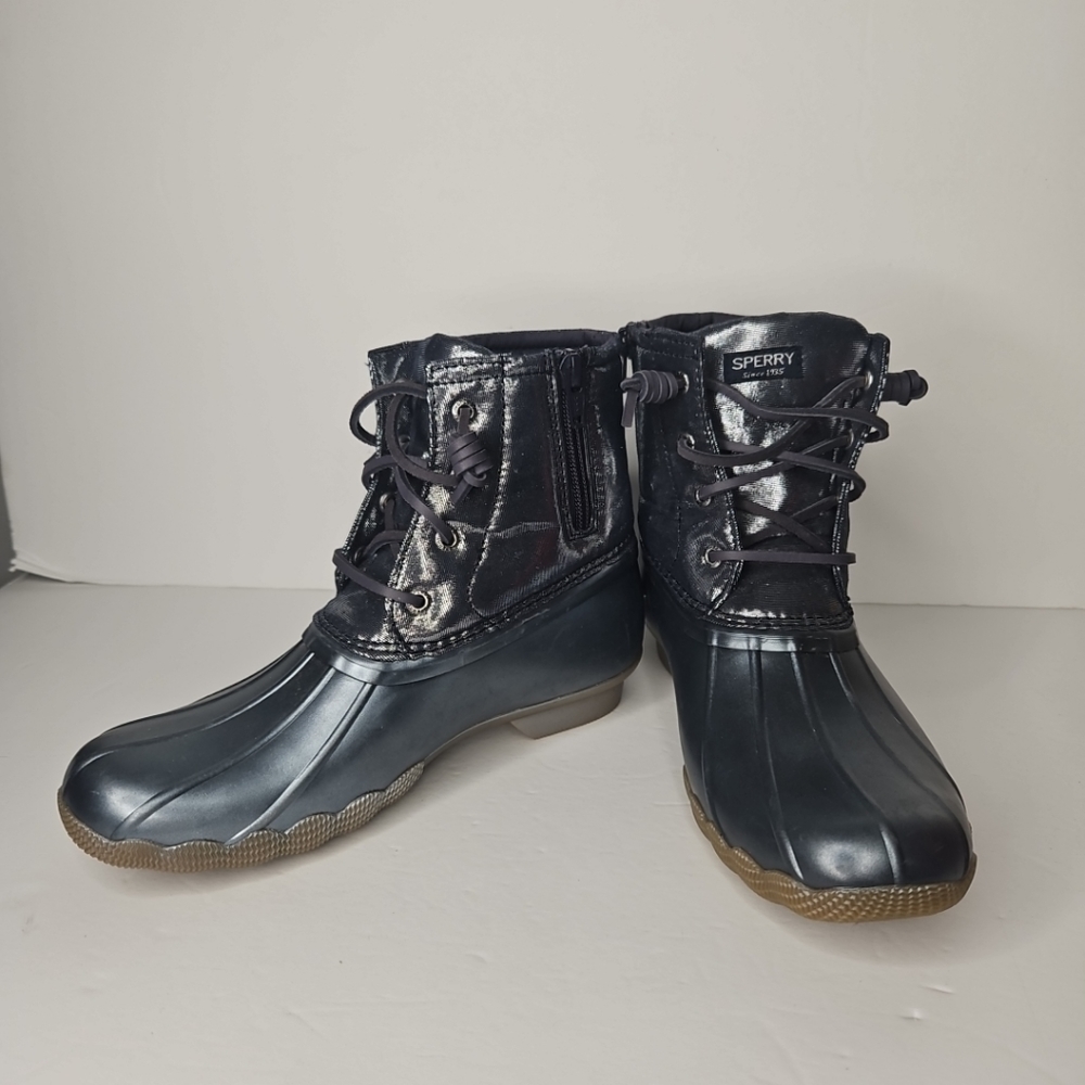 Sperry Saltwater Duck Boots Kids 4M Blue Lace Up Mid Calf Round Toe